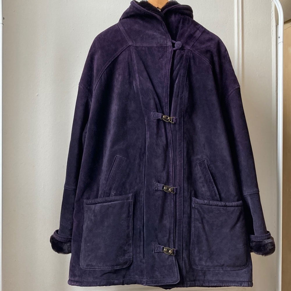 Gallery Dark Purple Suede Leather Hooded Coat Faux Fur Trim Sz 3X